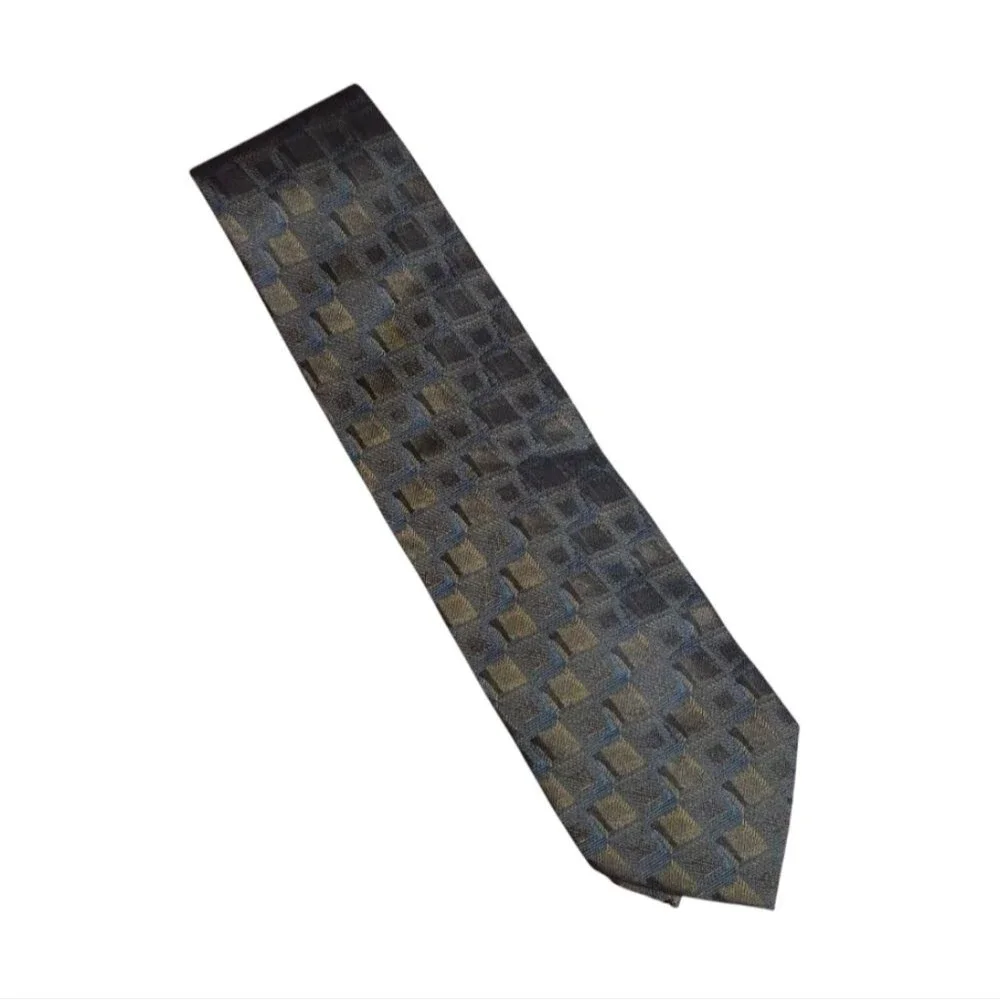 Jhane Barnes Brown & Blue Square‎ Print Original Fabric Necktie 58